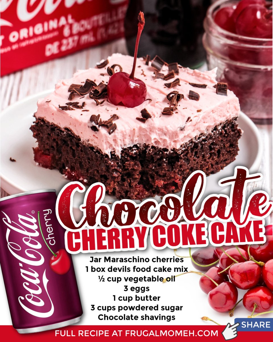 This easy chocolate cherry coke cake recipe is made with coca cola, cake mix, and maraschino cherries. You will love how moist this cake is.

Get the FULL recipe &gt;&gt; frugalmomeh.com/chocolate-cher…