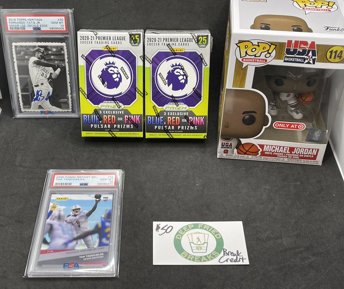 deepfriedbreaks's tweet photo. Let’s do another giveaway in the push for 10k!
Top 5 Win! Something for everyone
1. Tatis Heritage Minor Deckle Edge PSA 10
2. 2 2021 EPL Prizm Cereal Boxes
3. Team USA Jordan Funko
4. Tua Instant PSA 10 RC
5. $50 DFB Break Credit
Just RT + be sure to follow to enter! https://t.co/2Fmzz4L0Ek