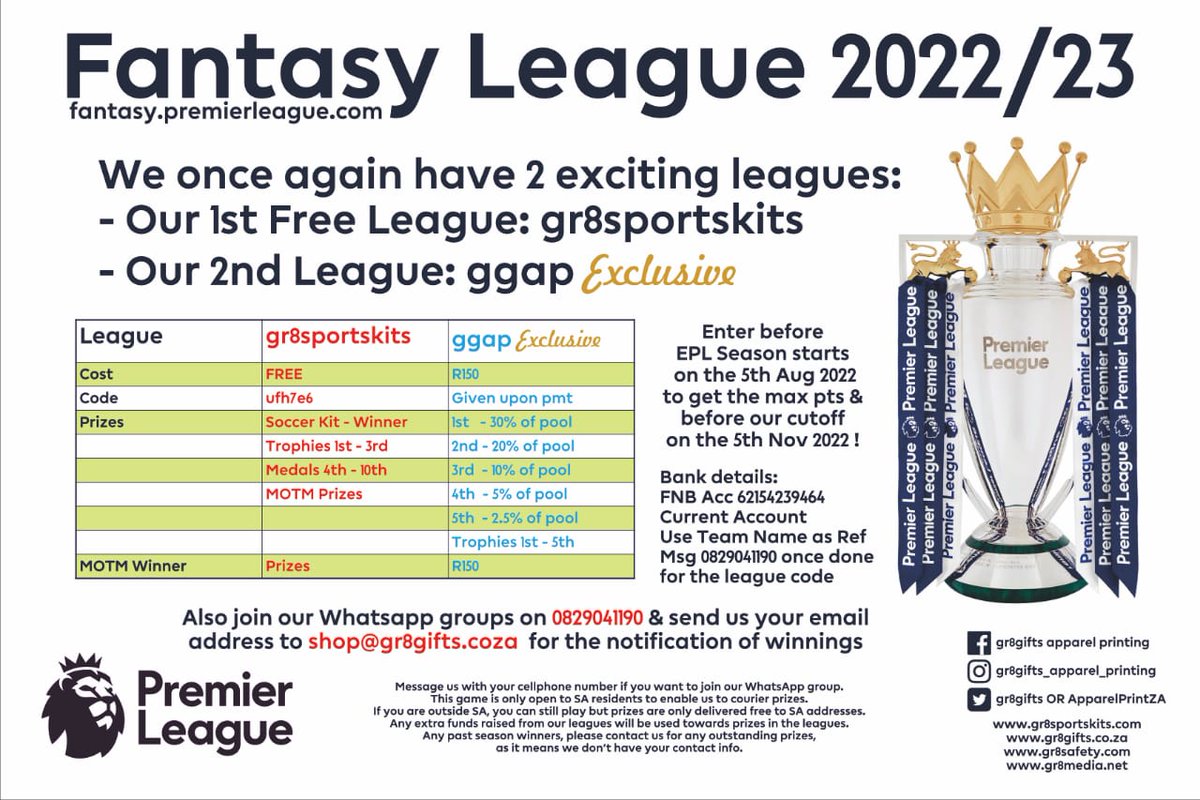 ApparelPrintZA's tweet photo. The English Premier League is
back...and we have two exciting Fantasy League
competitions for this new 2022/23 season ..come join
us for the prizes or to just have fun! https://t.co/IoCJOYbeqM