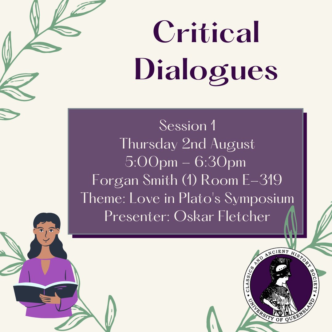 Aug 2 Brisbane (in person, 5pm) <a href="/CahsUq/">Cahs UQ</a> @HASSUQ  Critical Dialogues: Oskar Fletcher - Love in #Plato’s #Symposium. Readings/info: cahsociety.com/critical-dialo…