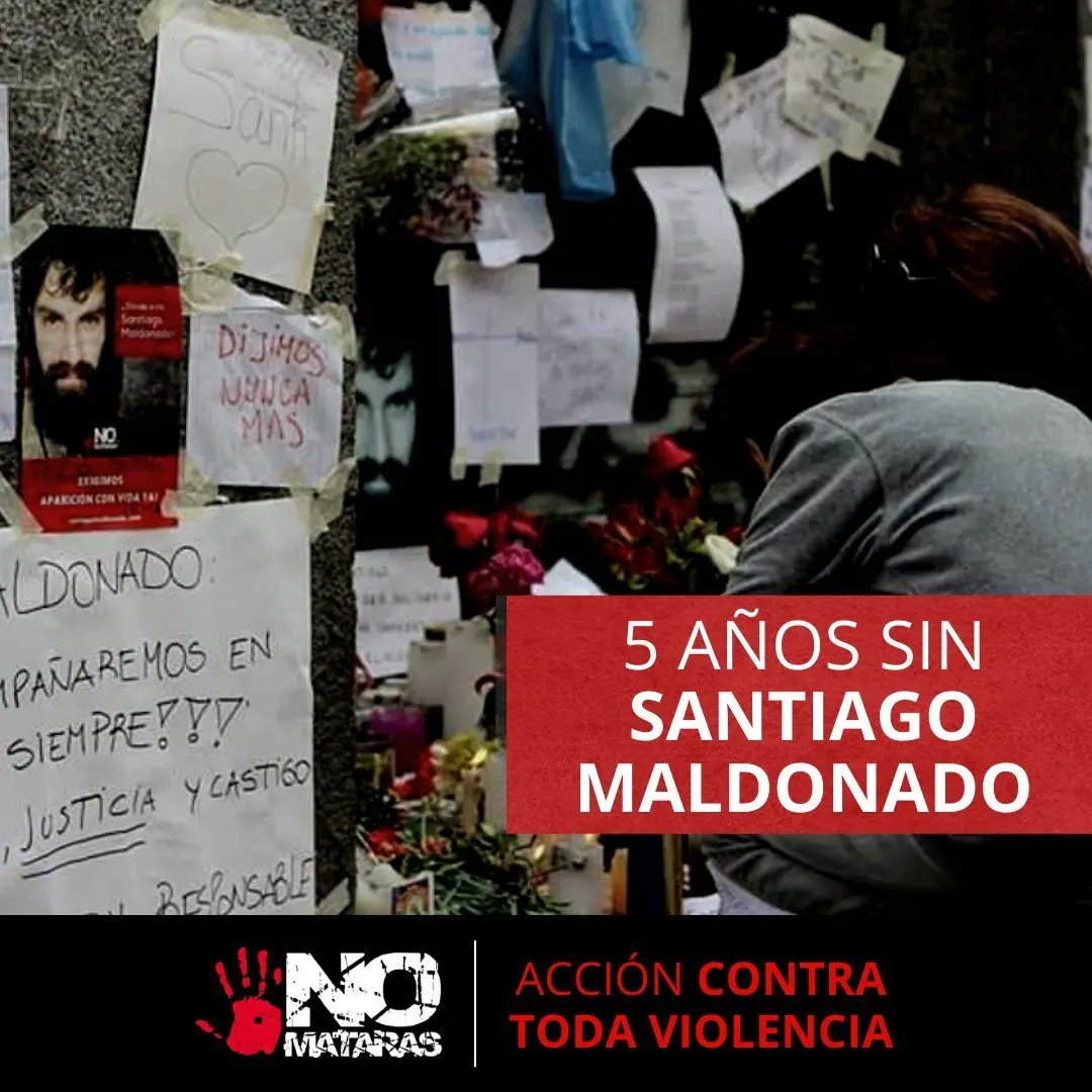 nomataras's tweet photo. Hoy se cumplen 5 años de la desaparición forzada seguida de muerte de Santiago Maldonado por obra de las fuerzas represoras del Estado a cargo de Patricia Bullrich.

Abrazamos a @vikingomaldo y a toda su familia en esta lucha para que la verdad salga a la luz ✊🏼❤️ https://t.co/OVjUr59GEw
