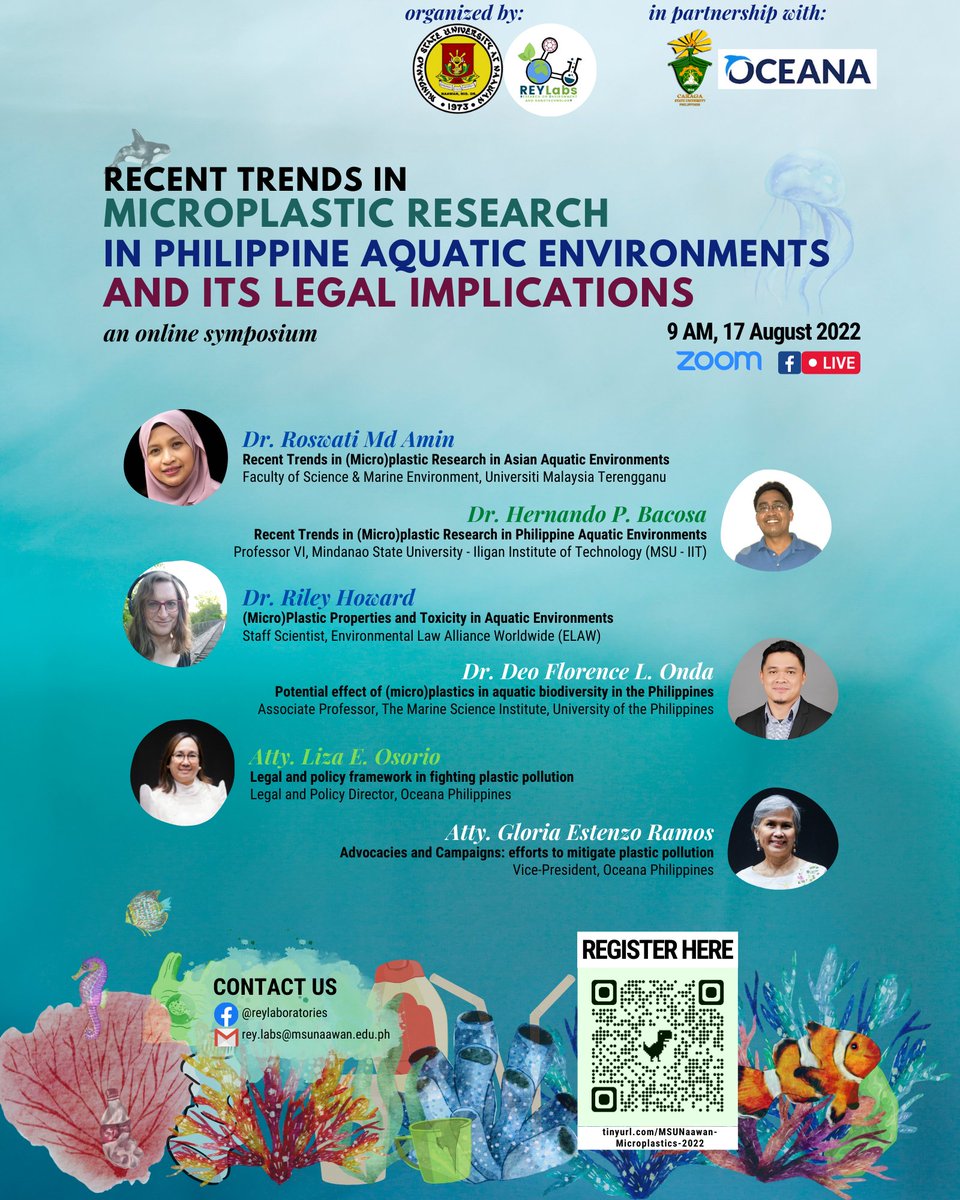 reylaboratories's tweet photo. Together with @oceana_ph and CARAGA State University, we will have an online symposium on the Recent Trends in Microplastic Research in Philippine Aquatic Environments and Its Legal Implications on Aug. 17, 9:00AM PST. 

Reg on the link below. See you! 
https://t.co/2YiqzF5AYt https://t.co/scM4VNiCOf
