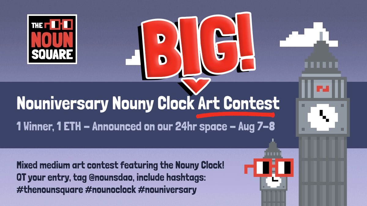 zerorightsmedia's tweet photo. 🚨 THE BIGGEST #NounSquare #Nouniversary Art Contest Yet! 🚨 

🏆 1 Top Prize of 1 ETH!!! ⌐Ξ-Ξ 

🎨 Create art in ANY medium inspired by the Nouny Clock (our Twitter Mascot/PFP!)

📢 QT it here

🚶 Follow @noun_o_clock 

👓 Add ⌐ⓝ°ⓒ to your Twitter name

❎ Deadline in 1 WEEK https://t.co/hjr4FGZEAx