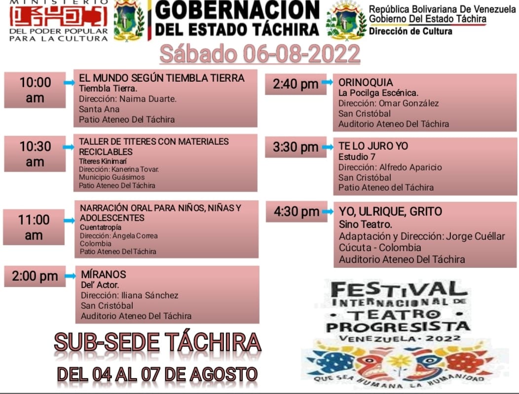 RDTYCTachira's tweet photo. #programacion #festival #FITP2022 #Tachira  los esperamos a  partir de este #04Aug2022 "Que sea mas humana la humanidad" @VillegasPoljak @CNTeatroVe @arroyocarlosss @Alfredocal @NicolasMaduro @FreddyBernal @larachaconm @Cultura_Tachira @culturatchira1 https://t.co/m3GcLVFdFJ