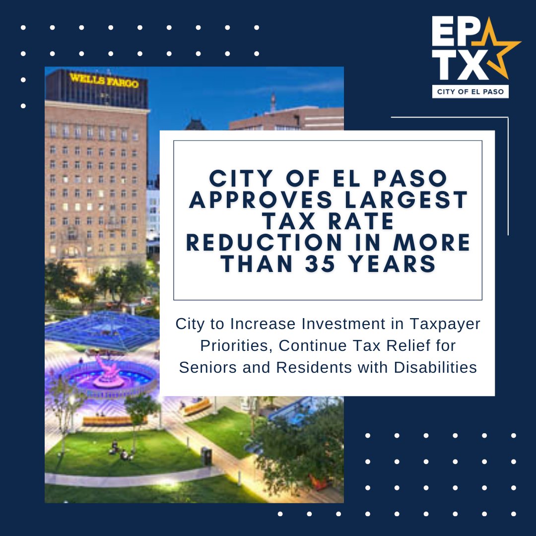 The El Paso City Council approved the first step to lower the City’s tax rate by 4.49 cents—a savings of $19.3 million to City taxpayers—while remaining focused on prioritizing the community’s needs.

Read the details here:
elpasotexas.gov/assets/Press-R…