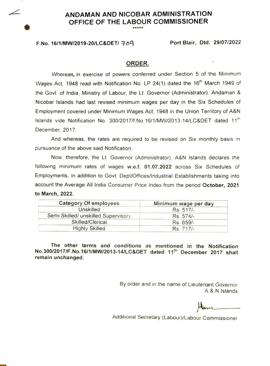 Labour Commissioner (@andamanlabour) on Twitter photo The Minimum Rates of Wages in A & N Islands has been revised w.e.f. 01 July 2022.
<a href="/MediaRN_ANI/">Lt. Governor's Secretariat-Media Cell, A&N Islands</a>
<a href="/Andaman_Admin/">Andaman and Nicobar Admn</a> The Minimum Rates of Wages in A & N Islands has been revised w.e.f. 01 July 2022.
<a href="/MediaRN_ANI/">Lt. Governor's Secretariat-Media Cell, A&N Islands</a>
<a href="/Andaman_Admin/">Andaman and Nicobar Admn</a>