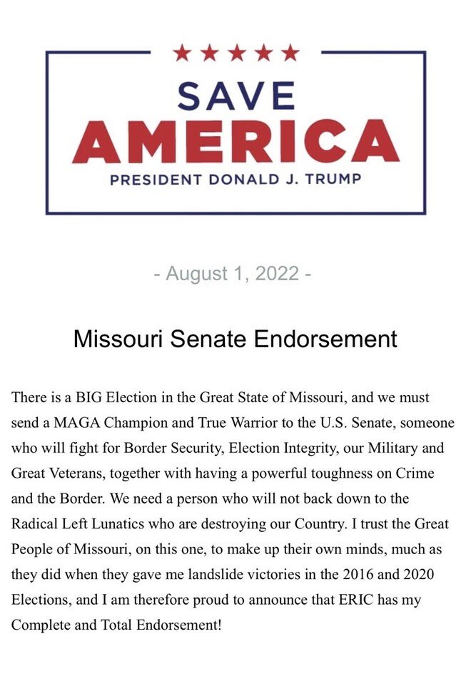 🚨President Donald Trump Endorses ERIC SCHMITT for U.S. Senate🚨

Statement from <a href="/Eric_Schmitt/">Eric Schmitt</a>: “It is truly an honor to have President Trump’s endorsement in the Senate race.
