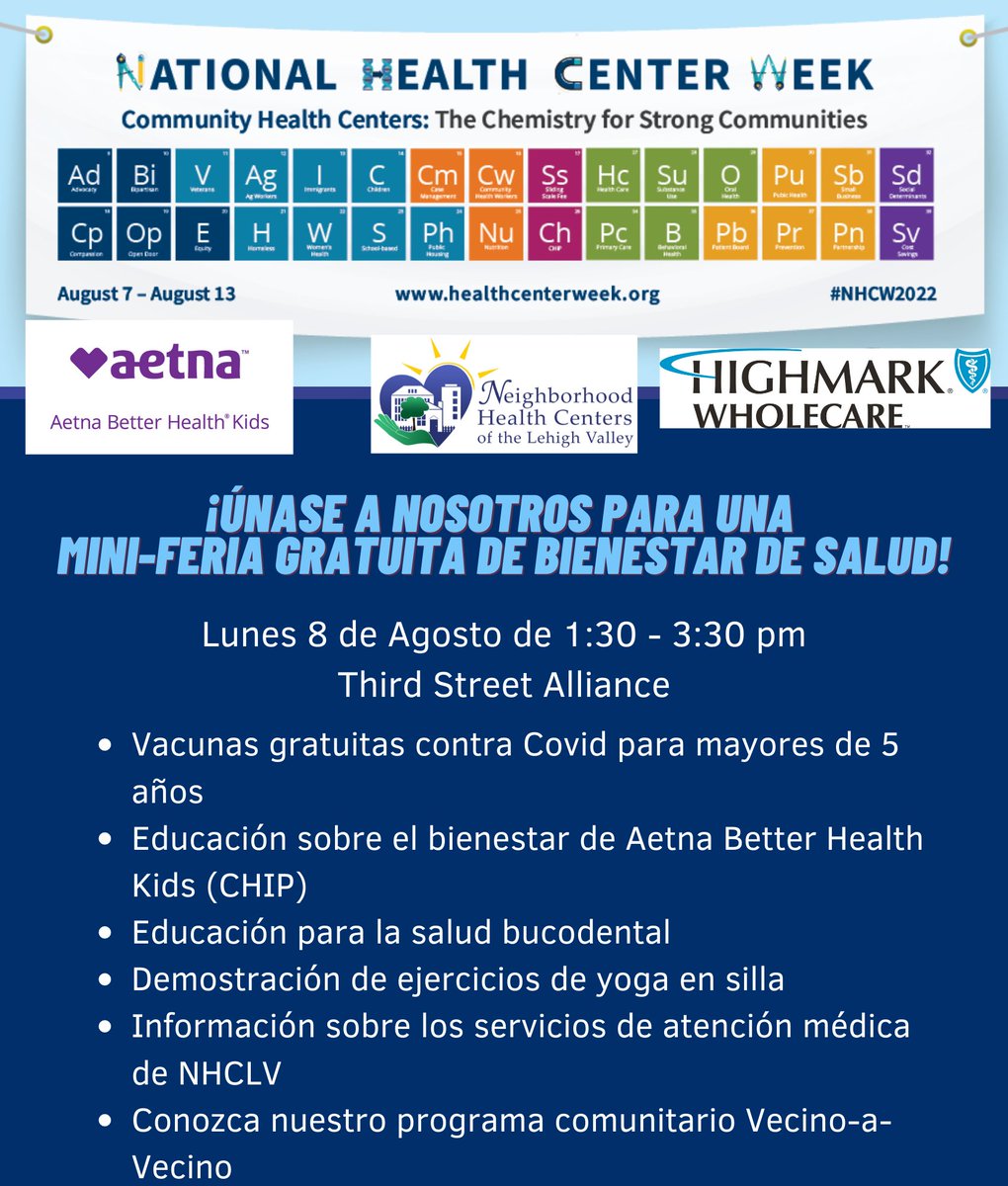 One week from today NHCLV will be holding a Mini-Wellness Fair in conjunction with our partners at @ThirdStAlliance in downtown #EastonPA. Stop by and check it out. Free community event! Part of our National Health Center Week celebration!