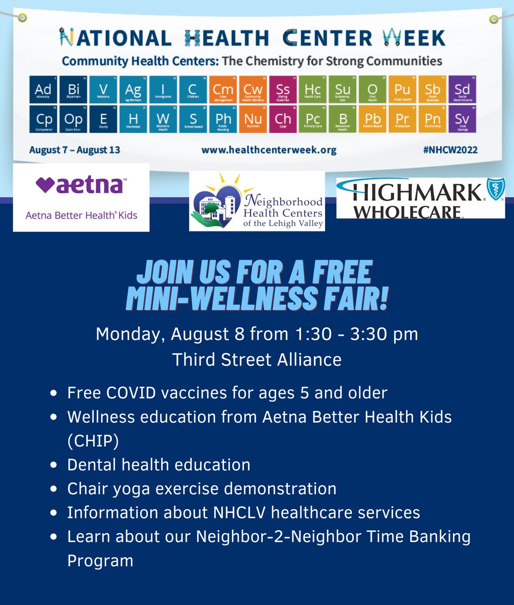 nhclv's tweet photo. One week from today NHCLV will be holding a Mini-Wellness Fair in conjunction with our partners at @ThirdStAlliance in downtown #EastonPA.
Stop by and check it out. 
Free community event! Part of our National Health Center Week celebration! https://t.co/RoFFH94Jco