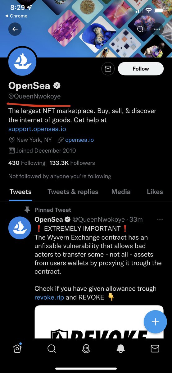 b_dingo's tweet photo. Hey Fam!!! Watch out for this hacked account, phishing as @opensea.
They also use bot account to tag random accounts to get attention.

Safe minting~ https://t.co/UrLUDfqRqx