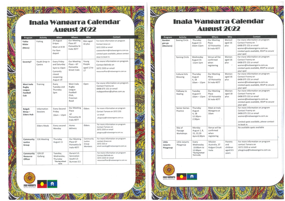 Keep up to date with whats happening at Inala Wangarra this August!
Contact 3372 2333 for any more information on any of our programs.