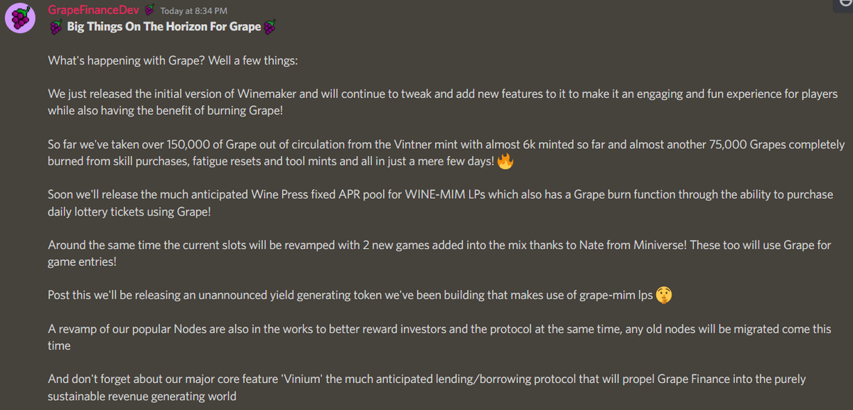 OhmieStronghodl's tweet photo. Big things coming up for @grape_finance:
- Winemaker tweaks
- Wine Press (our own Detonator) with option of buying more lottery tickets by burning $GRAPE
- Nodes revamp
- A yet unannounced yield generating token 😮
- The big one... Vinium

#GrapeLife https://t.co/n6Rhz6jFzG