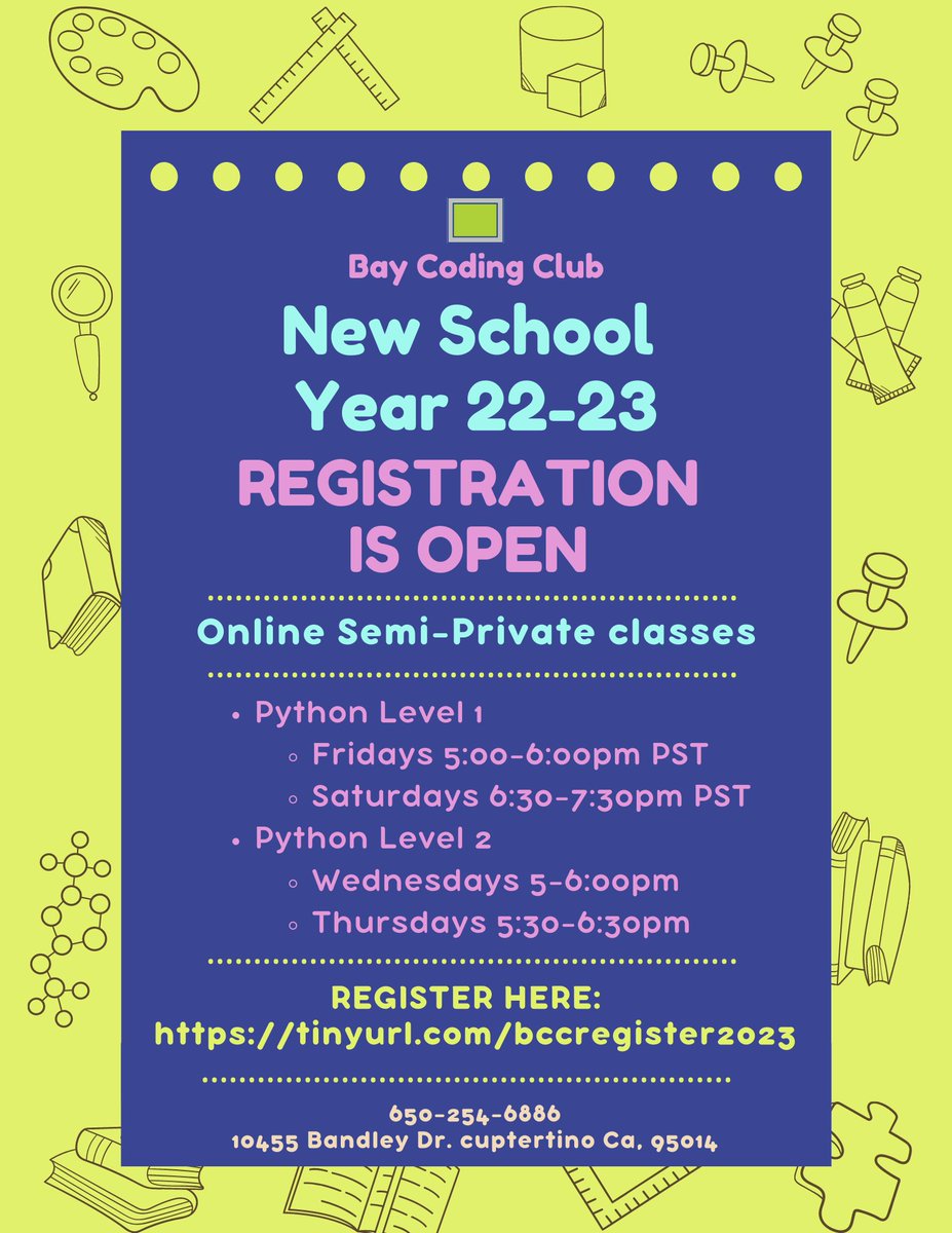 bay_coding's tweet image. New Python classes for the 2022-23 school year!
REGISTER HERE: tinyurl.com/bccregister2023
Click here for more information: baycodingclub.com/python-main/