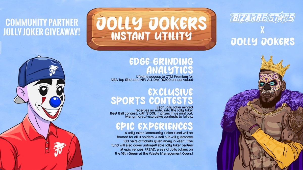 BizarreStarsNFT's tweet photo. 🃏JOLLY JOKERS GIVEAWAY🃏

Excited to be a Community Partner with Jolly Joker Sports Society whose mission is to be an inclusive Web3 sports community for passionate sports enthusiasts!
 
ENTER ⤵️
✅ Follow us &amp; @jollyjokersnft
✅ RT &amp; 💜
✅ Tag 3

#NFTGiveaway #FLOW #NBATopShot https://t.co/KxxP8Vwmrl