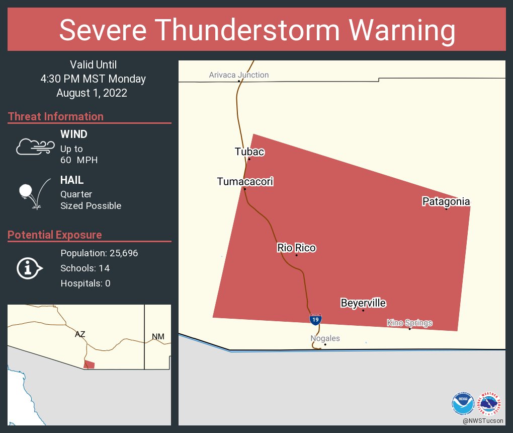 NWSTucson's tweet image. Severe Thunderstorm Warning including Rio Rico AZ, Tubac AZ and  Patagonia AZ until 4:30 PM MST