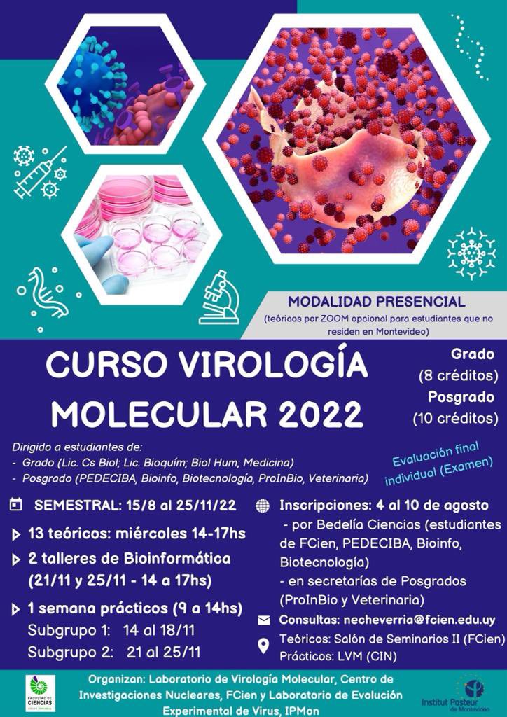🔜 ¿Te interesa la Virología? Nuestro curso de virología cubre los aspectos más relevantes de la virología molecular. Discutiremos sobre epidemiología, estrategias de replicación viral, virus oncogénicos, vacunas y evolución viral. El 4 de agosto comienzan las inscripciones!! 1/3