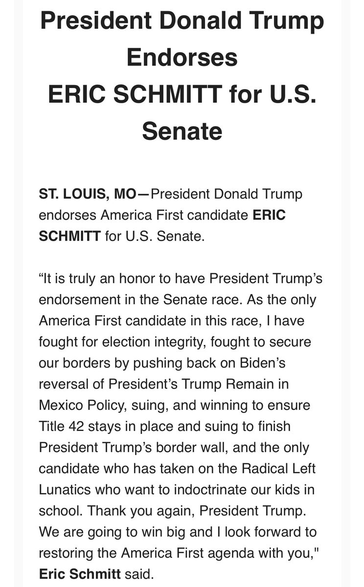sahilkapur's tweet photo. After Donald Trump abstractly backs “ERIC” for Senate in Missouri, both Erics in the Republican primary are touting his endorsement. (He did not choose between the two so this is all pretty weird.) https://t.co/izxs44t7rU
