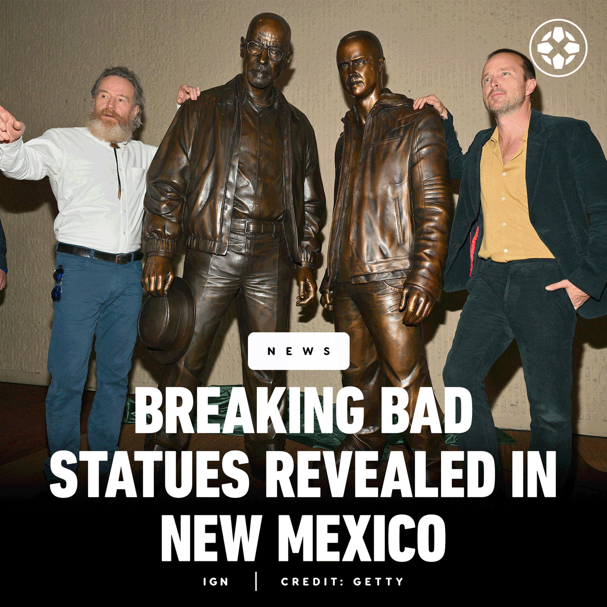 IGN's tweet photo. These 500-pound bronze statues of Walter White and Jesse Pinkman were unveiled in Albuquerque, NM with the cast &amp; creators of Breaking Bad and Better Call Saul in attendance. https://t.co/6xu5mfyPpS https://t.co/tSPw3Vic4r