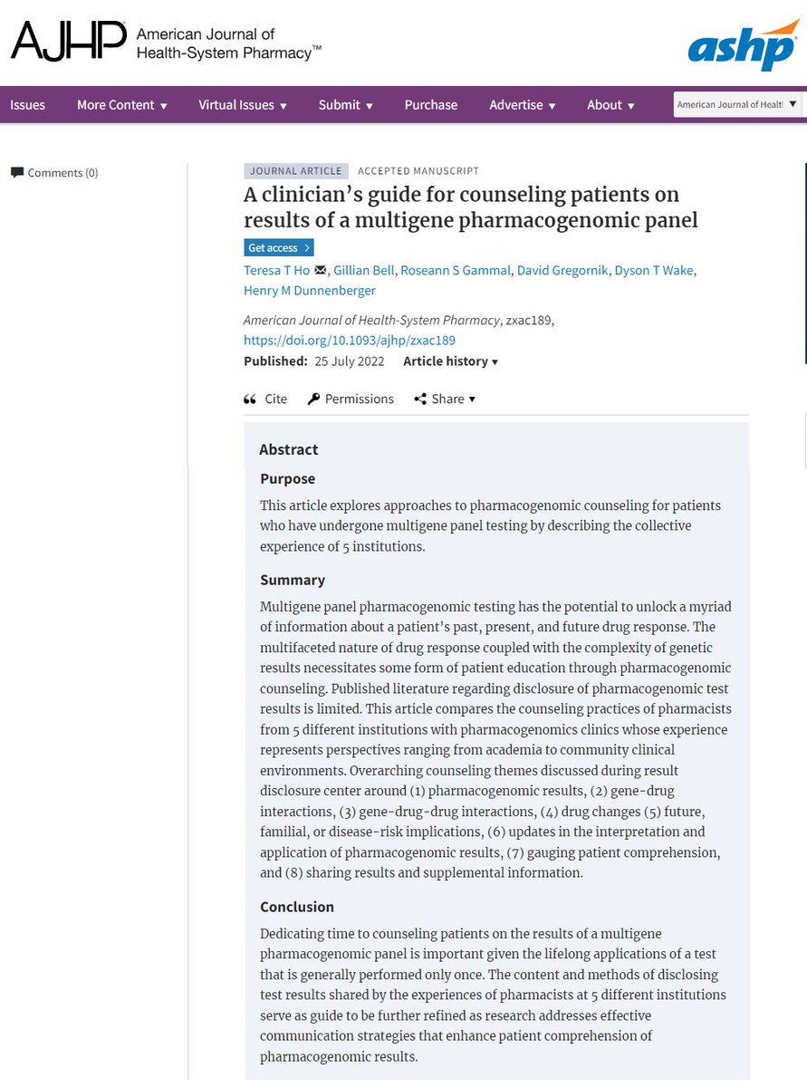 ACCP PKPDPG PRN (@pkpdpg) on Twitter photo New #research from ACCP PK/PD/PG PRN members Teresa Ho, @roseanngammal, and <a href="/DunnenbergerPGX/">Mark Dunnenberger</a> addresses the important topic of effective patient counseling approaches when communicating panel-based #pharmacogenetics results. Full article available at: academic.oup.com/ajhp/advance-a… New #research from ACCP PK/PD/PG PRN members Teresa Ho, @roseanngammal, and <a href="/DunnenbergerPGX/">Mark Dunnenberger</a> addresses the important topic of effective patient counseling approaches when communicating panel-based #pharmacogenetics results. Full article available at: academic.oup.com/ajhp/advance-a…