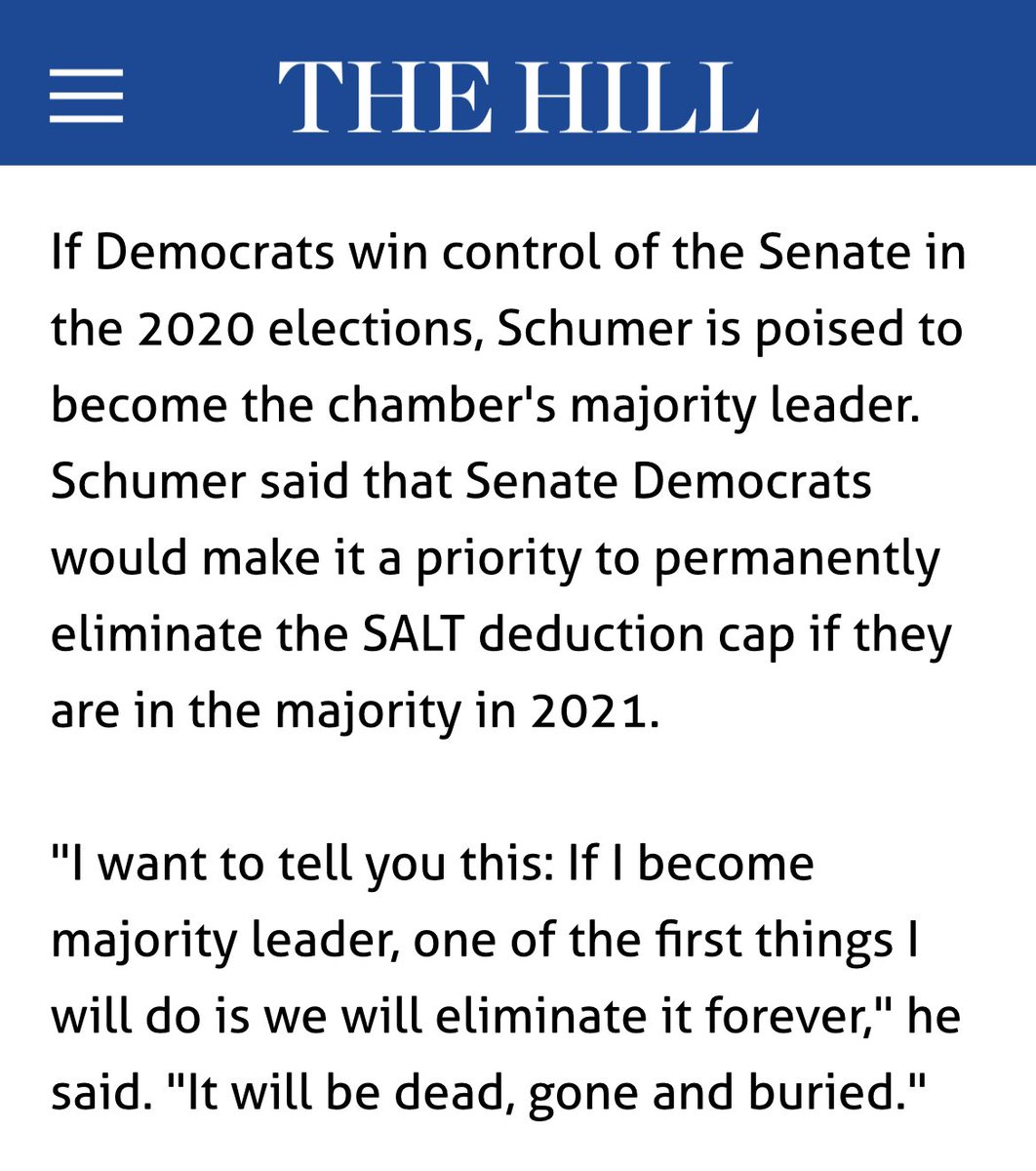 GothamMutt's tweet photo. @SenSchumer When will the Senate vote on the repeal of the #SALTcap we were promised?!
"I want to tell you this: If I become majority leader, one of the first things I will do is we will eliminate it forever. It will be dead, gone and buried."
@SenateDems
@SenGillibrand @SenBooker https://t.co/1DC3wKpZjb