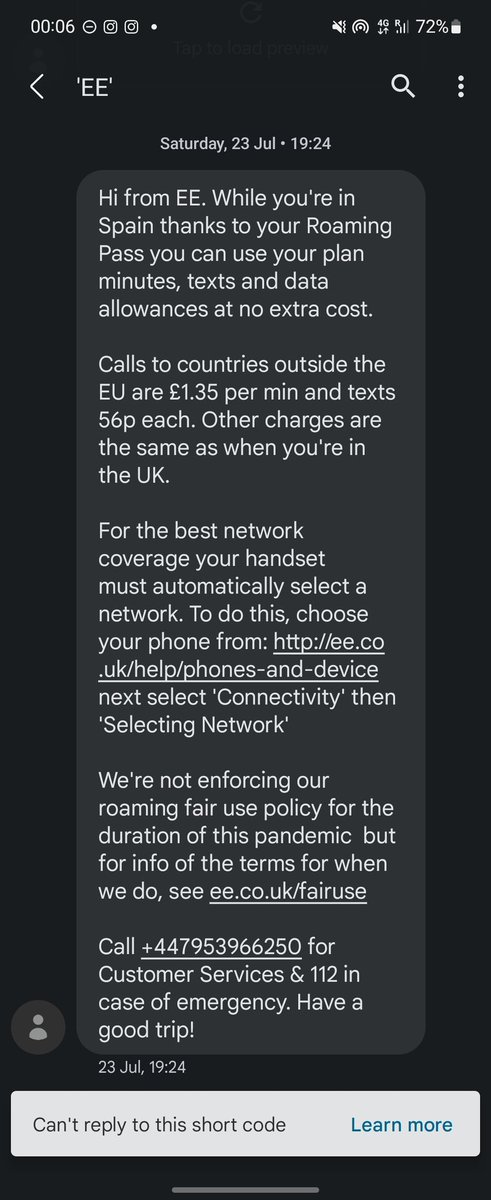 StevenA_Moore's tweet photo. @EE Hi, I'm a bit concerned as I got this text when I arrived on my Holiday however now I've heard that the fair use policy is in place and it's 50GB, but then the link in the text I received says in 15GB can someone please clarify which is correct? Thanks https://t.co/NosR9pVqMh