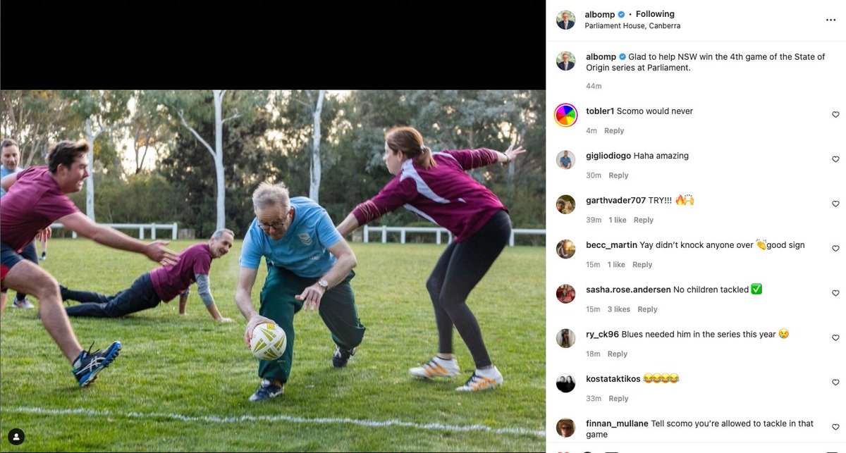 JoshButler's tweet photo. clear evidence here of sports minister Anika Wells having a case for claiming a touch here before Albanese scored. Sadly the Parliament House fields do not have a video replay or bunker capability. Yet more NRL refereeing scandals https://t.co/mllaZgV602
