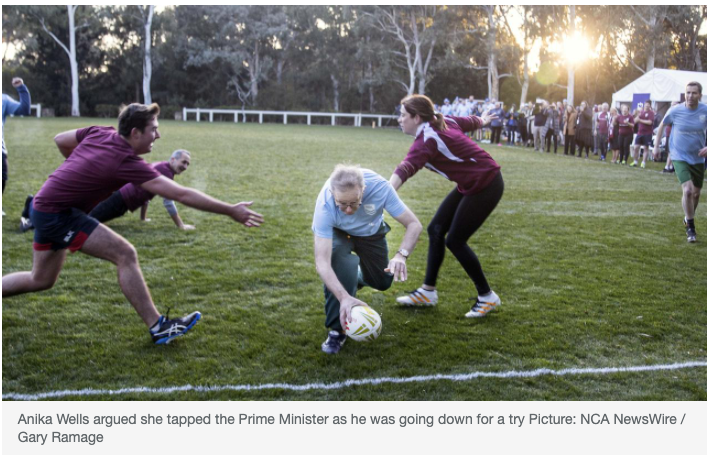 JoshButler's tweet photo. clear evidence here of sports minister Anika Wells having a case for claiming a touch here before Albanese scored. Sadly the Parliament House fields do not have a video replay or bunker capability. Yet more NRL refereeing scandals https://t.co/mllaZgV602