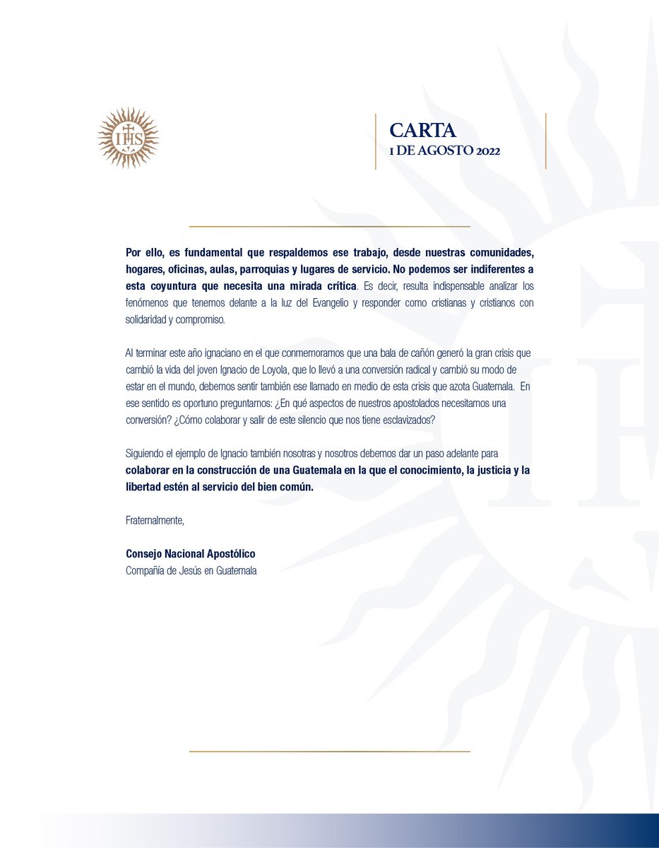 Carta a la #FamiliaIgnaciana de Guatemala | Analicemos en comunidad nuestra coyuntura y dialoguemos a luz del evangelio, en nuestros hogares, oficinas, aulas, parroquias y lugares de servicio. Porque en estas horas, el silencio no es una opción.