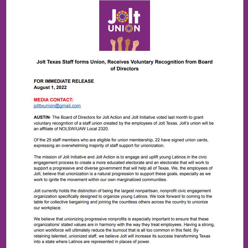 The Jolt Union is proud to announce we received voluntary recognition from our board last month. Follow on Twitter and Instagram <a href="/JoltUnion/">Jolt Union</a> for updates on our collective bargaining process and solidarity with our #UnionStrong friends and colleagues in Texas and across the country