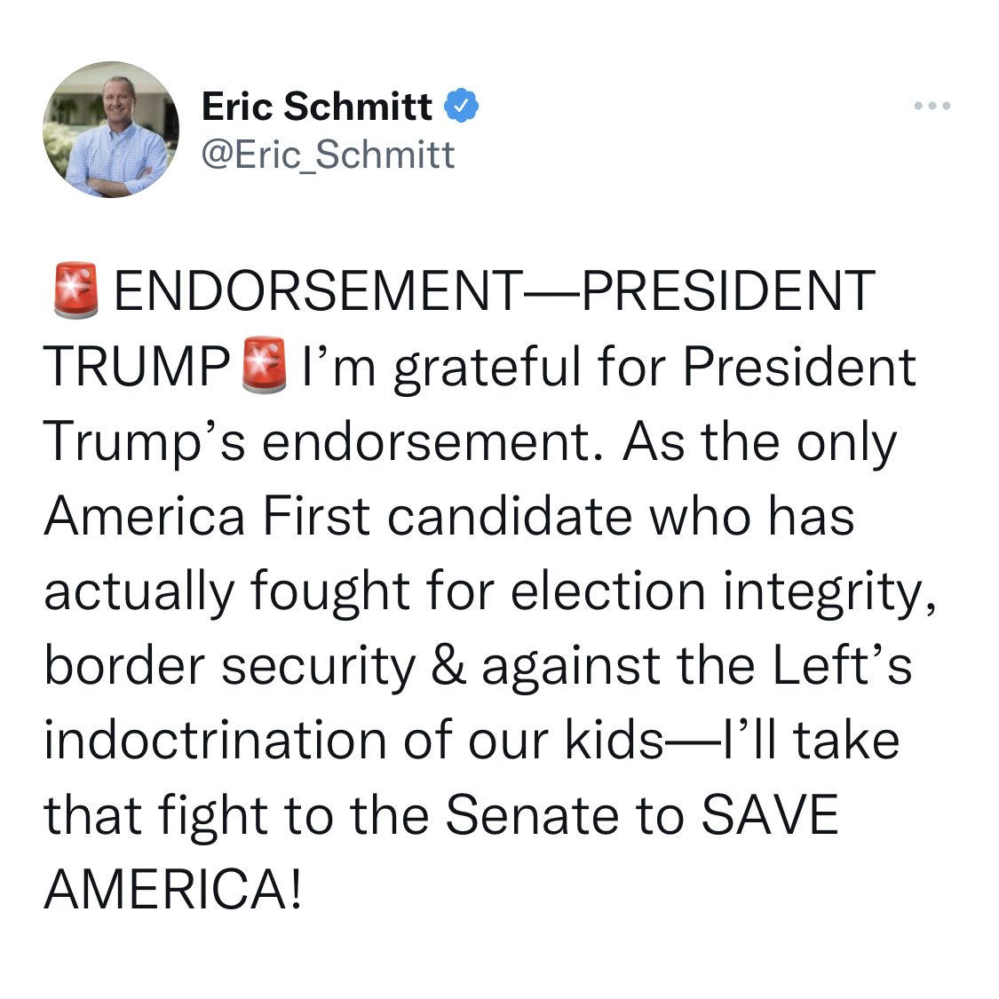 To recap, Trump couldn’t decide whether to endorse Eric Greitens or Eric Schmitt in the Missouri Senate race, so he just endorses “ERIC” the night before the election. Now both are graciously thanking him for his sincere support.