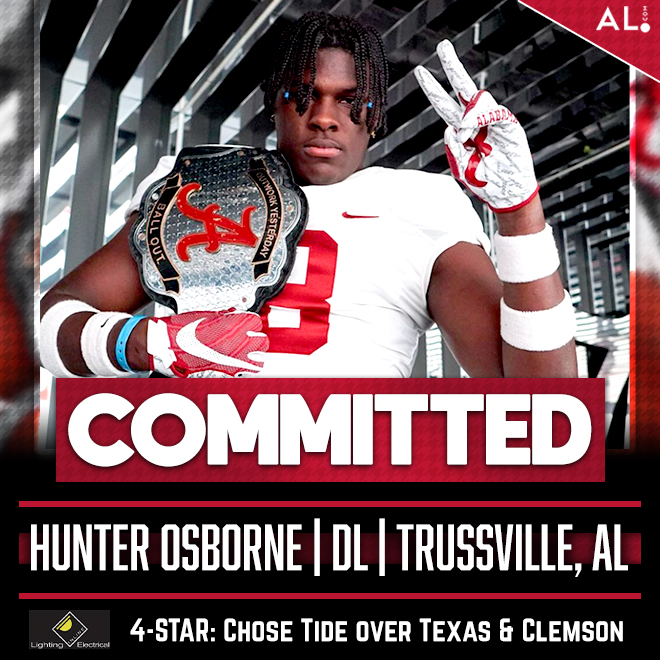 BREAKING: 4-⭐️ DL Hunter Osborne (<a href="/hunterrosborne/">Hunter Osborne</a>) has committed to Alabama.