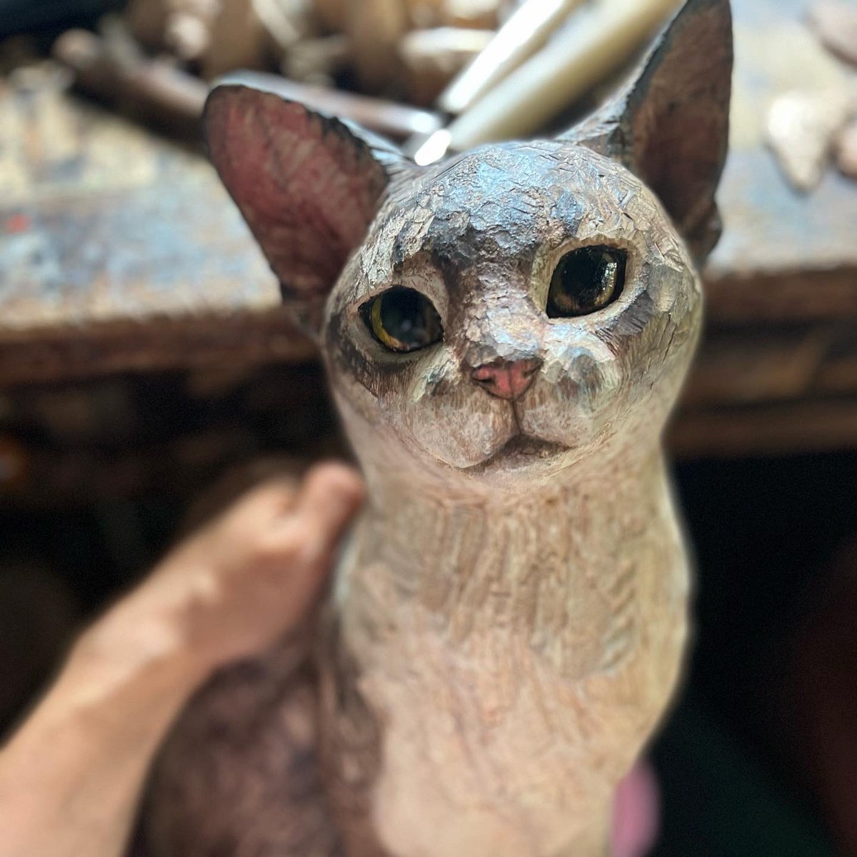 猫の木彫り作品 親子ネコ ネコ好きにはたまらない