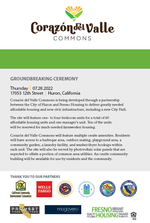 FresnoHousing's tweet image. Thanks to all of our partners who joined us for the Groundbreaking at Corazón del Valle Commons.  Corazón del Valle will bring 61 units of much-needed #affordablehousing to the rural community of Huron.
