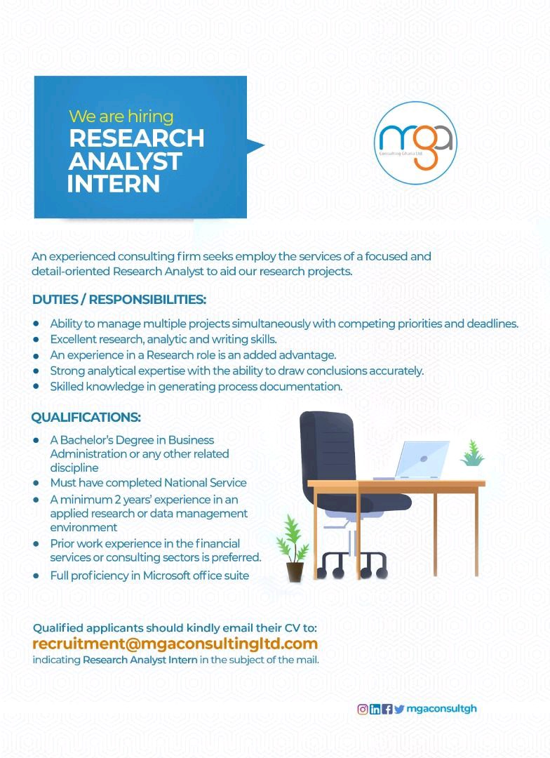 LarbJay's tweet photo. MGA Consulting Is #Hiring a Research Analyst Intern.

If you meet the following requirements, kindly apply by sending your CV to recruitment@mgaconsultingltd.com
#TechIsHiring #jobfairy #Jobs https://t.co/INF5yWrgyD