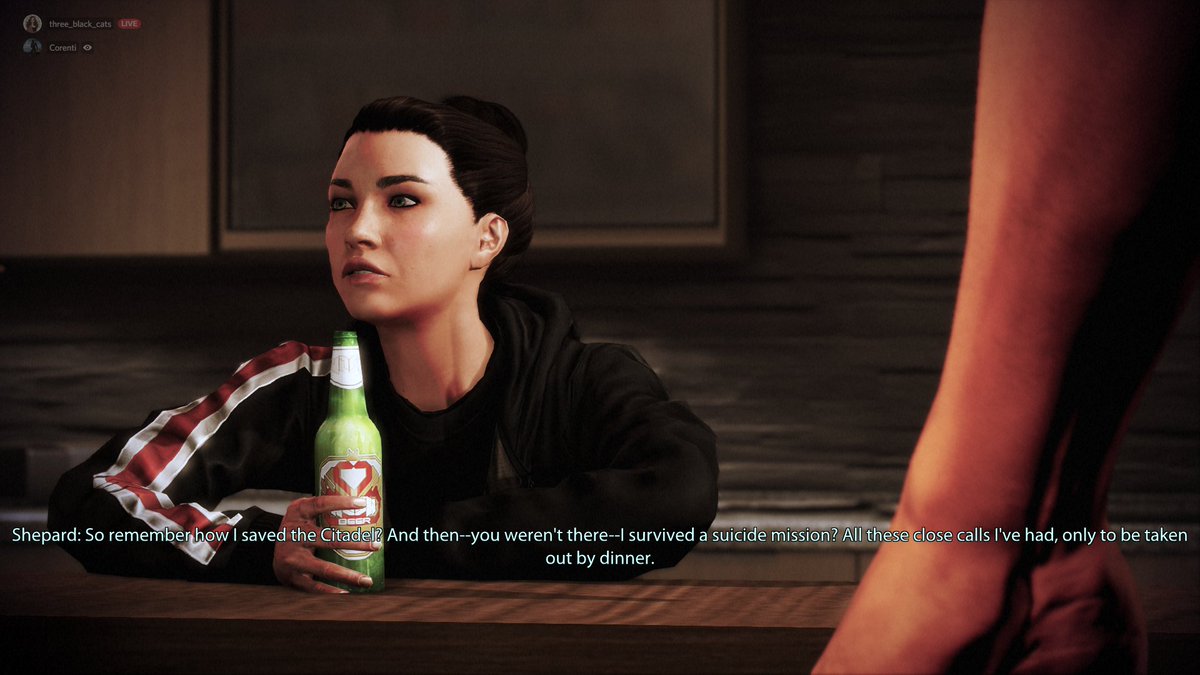 threeblack_cats's tweet image. One of my favorite interactions during the Citadel DLC - it&apos;s nice to see Shepherd unwind with a beer. #MassEffect #MassEffectLegendaryEdition #CommanderShepherd #KaidenAlenko