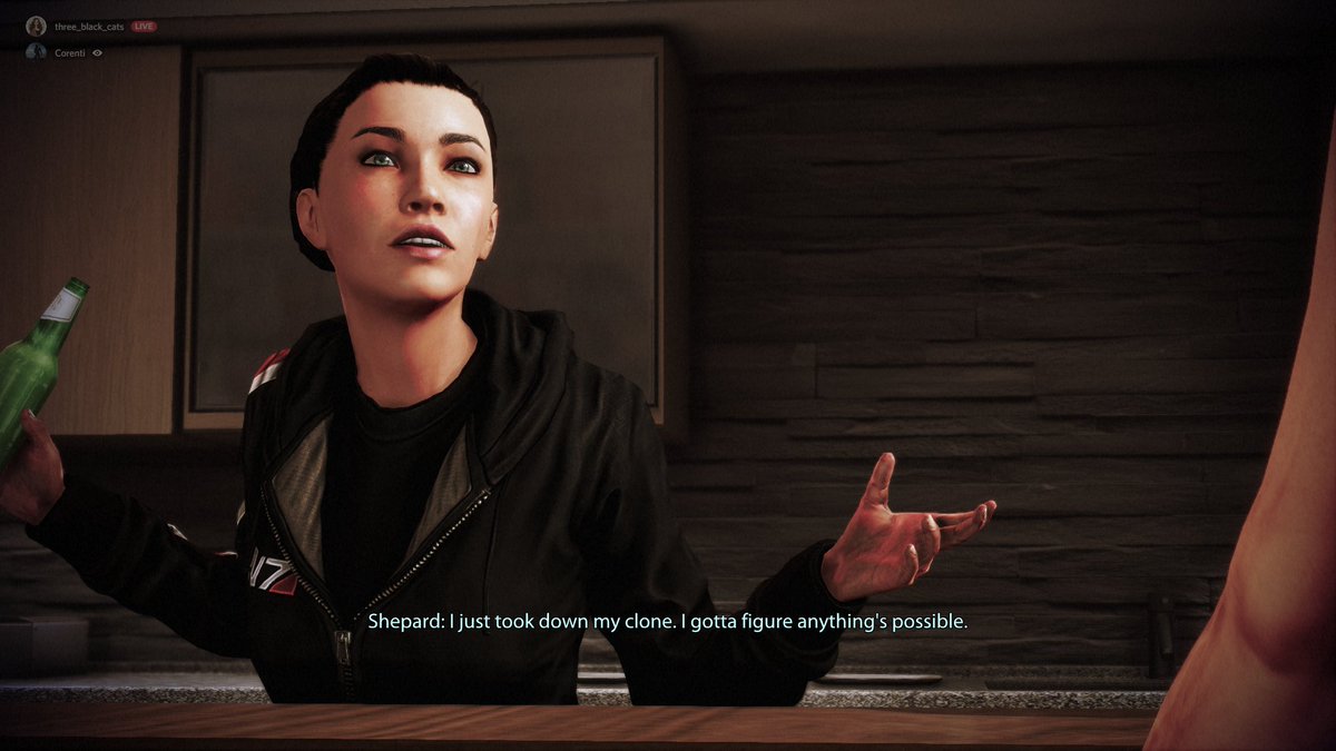 threeblack_cats's tweet image. One of my favorite interactions during the Citadel DLC - it&apos;s nice to see Shepherd unwind with a beer. #MassEffect #MassEffectLegendaryEdition #CommanderShepherd #KaidenAlenko