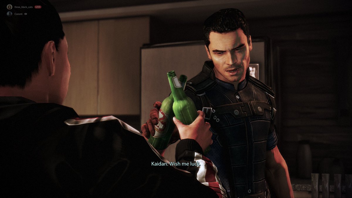 threeblack_cats's tweet image. One of my favorite interactions during the Citadel DLC - it&apos;s nice to see Shepherd unwind with a beer. #MassEffect #MassEffectLegendaryEdition #CommanderShepherd #KaidenAlenko