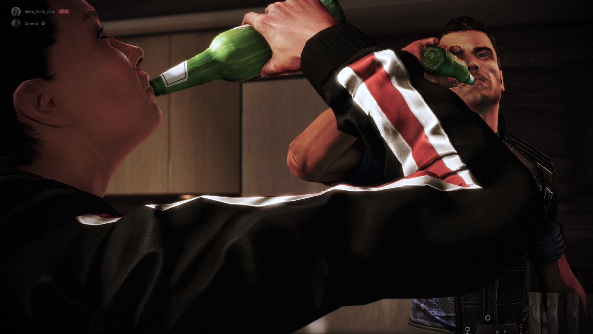 threeblack_cats's tweet image. One of my favorite interactions during the Citadel DLC - it&apos;s nice to see Shepherd unwind with a beer. #MassEffect #MassEffectLegendaryEdition #CommanderShepherd #KaidenAlenko