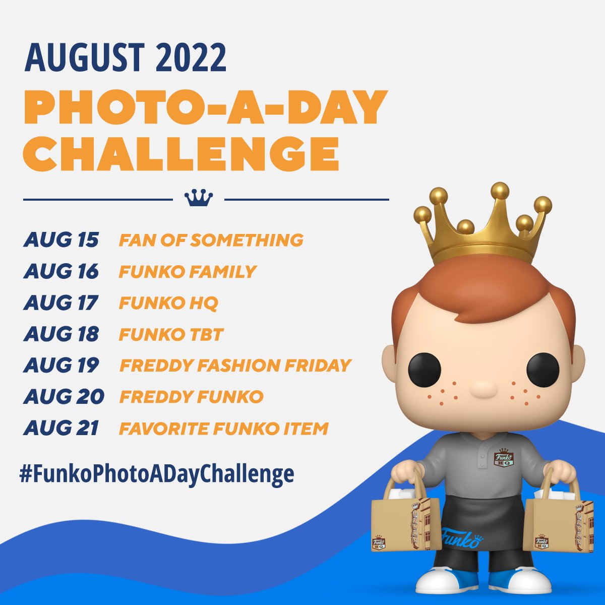 OriginalFunko's tweet photo. It is time for our August #FunkoPhotoADayChallenge! Starting August 8th, post a photo using a Funko item, matching the theme for the day with the #FunkoPhotoADayChallenge tag to enter on Instagram. The challenge will continue the 15th on Twitter! https://t.co/FxX9RuhU4A #Funko https://t.co/dIDnvEYP4C