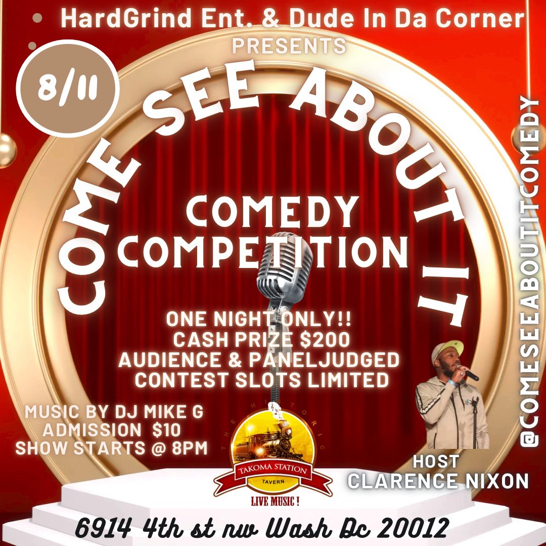 fah4sho's tweet photo. The Come See About It comedy competition is going down. 8/11/22!! Contest slots are limited!! Audience and panel judged!! $200 cash prize!! Hosted by Clarence O. Nixon Jr.!! For more info hit up and follow @comeseeaboutitcomedy on IG and HardGrind Entertainment on FB! https://t.co/1a4lNcOfbt