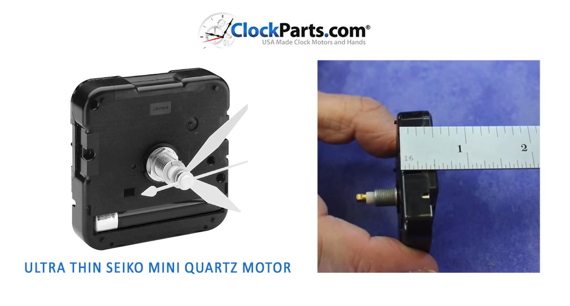 ClockPartsCom's tweet image. There are applications in #clockbuilding where a regular 5/8" thick #ClockMovement may be too big. The primary benefit of the 2-1/8”x 2-1/8” x 1/2” Ultra Thin Seiko Mini Quartz #ClockMotor is the combination of very good quality and a half-inch thickness.  clockparts.com/ultra-thin-sei…