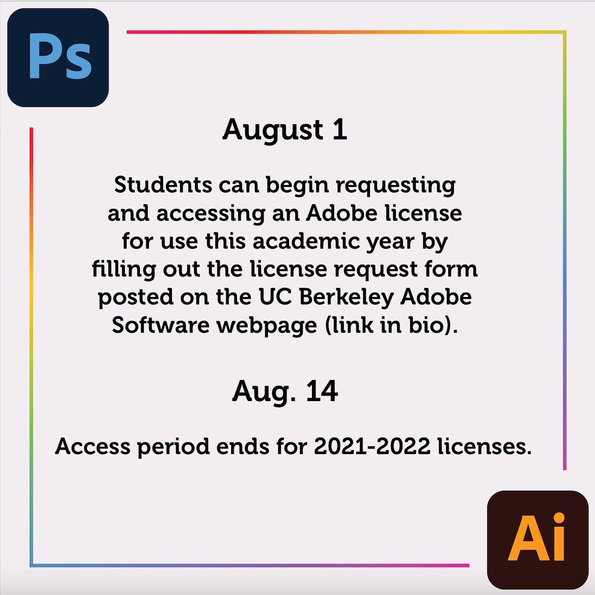 UCBStudentTech's tweet image. Did you know that all UC Berkeley graduate, professional, and undergraduate students get free access to the software and services that fall under Adobe Creative Cloud? This means that many of your graphic design, editing, web tools etc… are available to you for free!