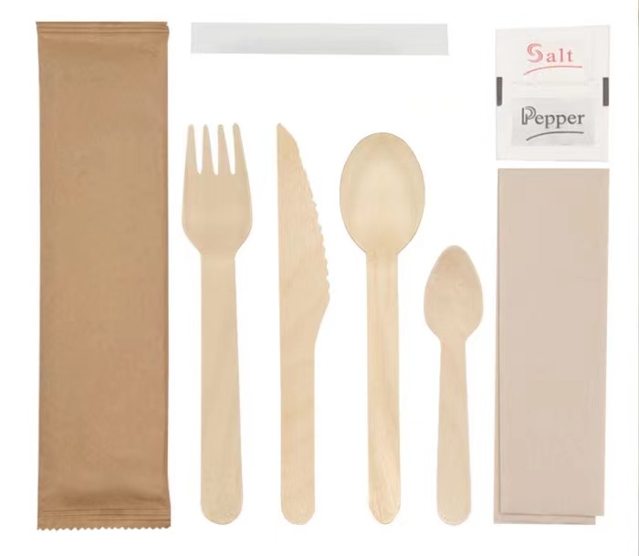 Wooden cutlery kit 7 in 1, including Knife+Fork+Spoon+Teaspoon+Toothpick+Napkin+Salt&amp;Pepper.