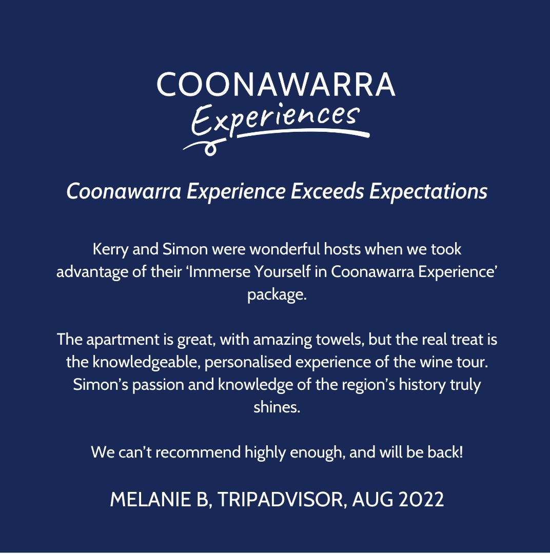 Very pleased to receive another glowing review from our guests via <a href="/Tripadvisor/">Tripadvisor</a>. We love what we do and we love that our guests enjoy our experience packages! 

coonawarraexperiences.com.au/tour-category/…

#tripadvisor #coonawarra #coonawarraexperiences