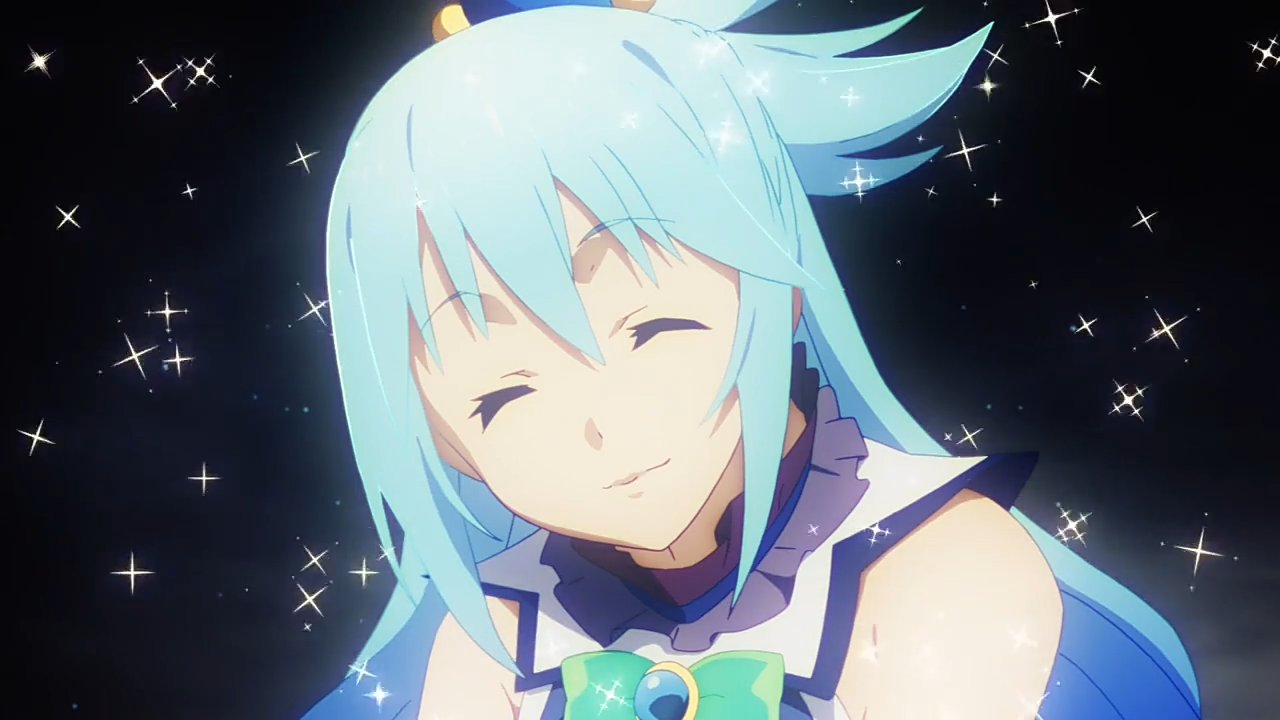 Аква Konosuba улыбается