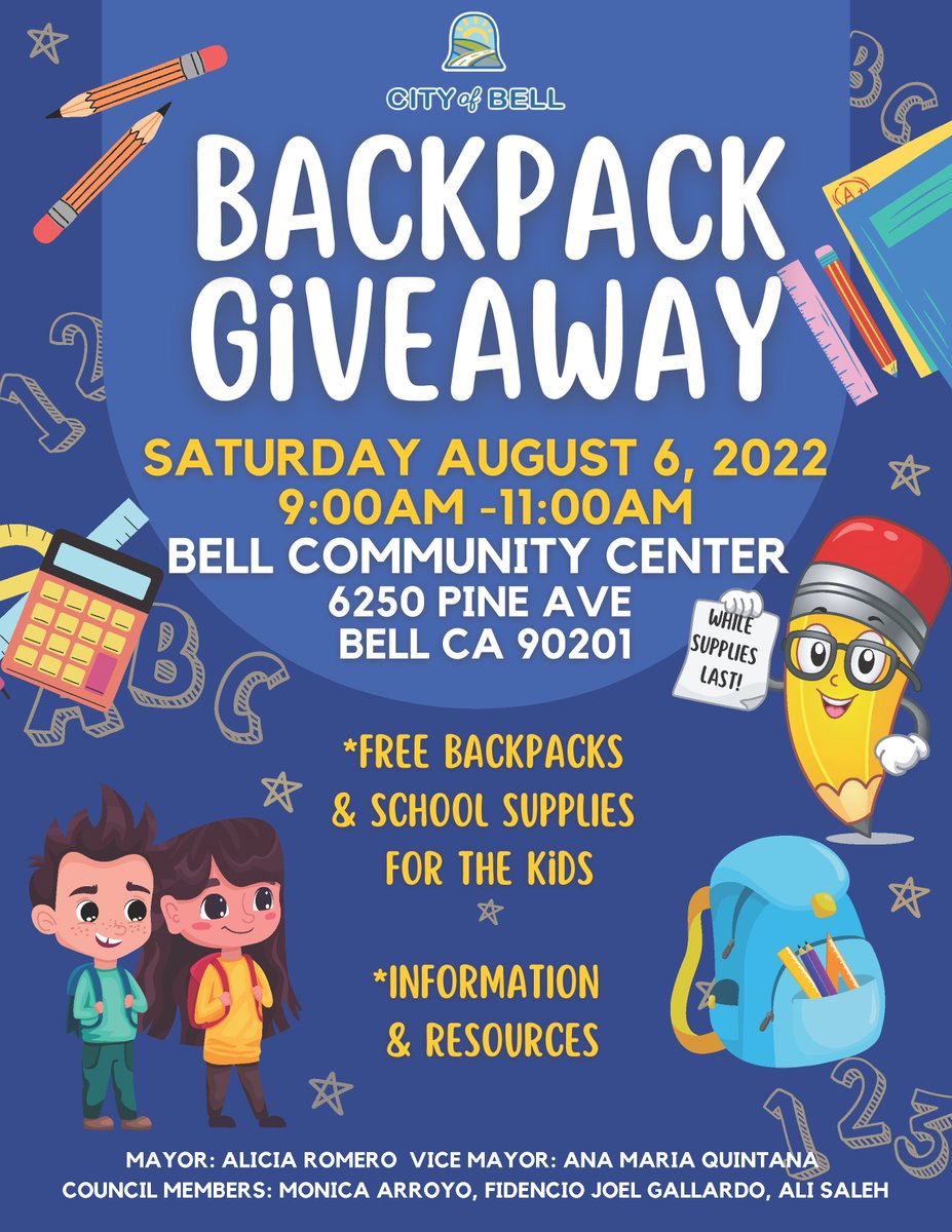 City of Bell Backpack Giveaway. See flyer. drive.google.com/file/d/1mcTLNV…