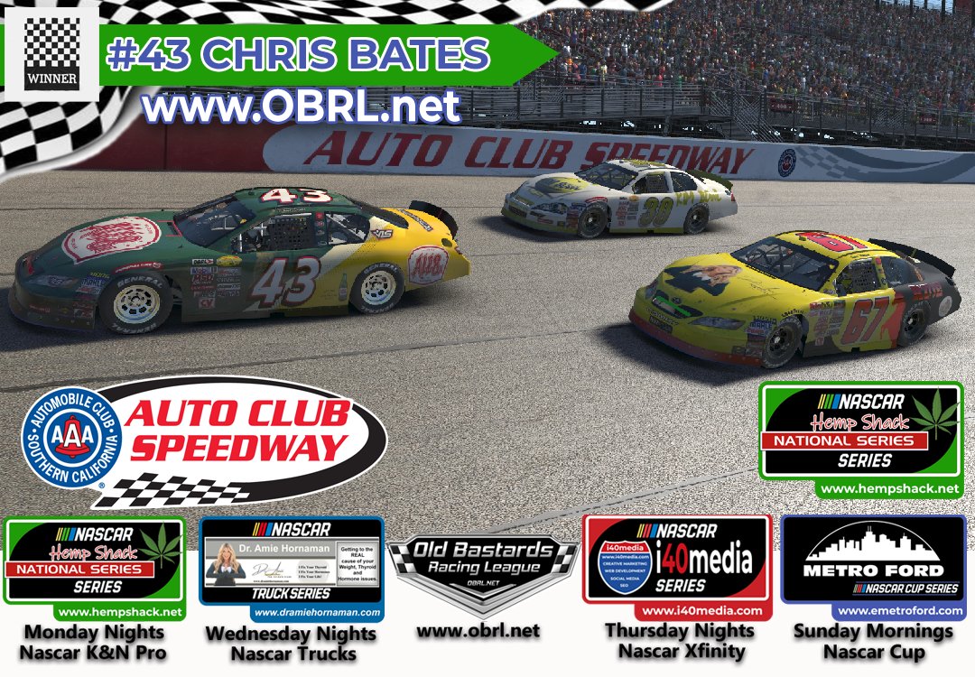 OBRL_Racing's tweet photo. Chris Bates #43 @ales beer Wins The @OBRL_Racing @HempShack @NASCAR ARCA Series Race at @AutoClubSpdwy!
Steve Thomson #67 2nd
Greg McDaniel #30 3rd
Race Results by Sim Racer Hub
Visit https://t.co/IsOWjI2Ed0
Apply at https://t.co/wG5txECEjL
#obrl #hempshack #dramiehornaman https://t.co/Xgu9iVcQRJ