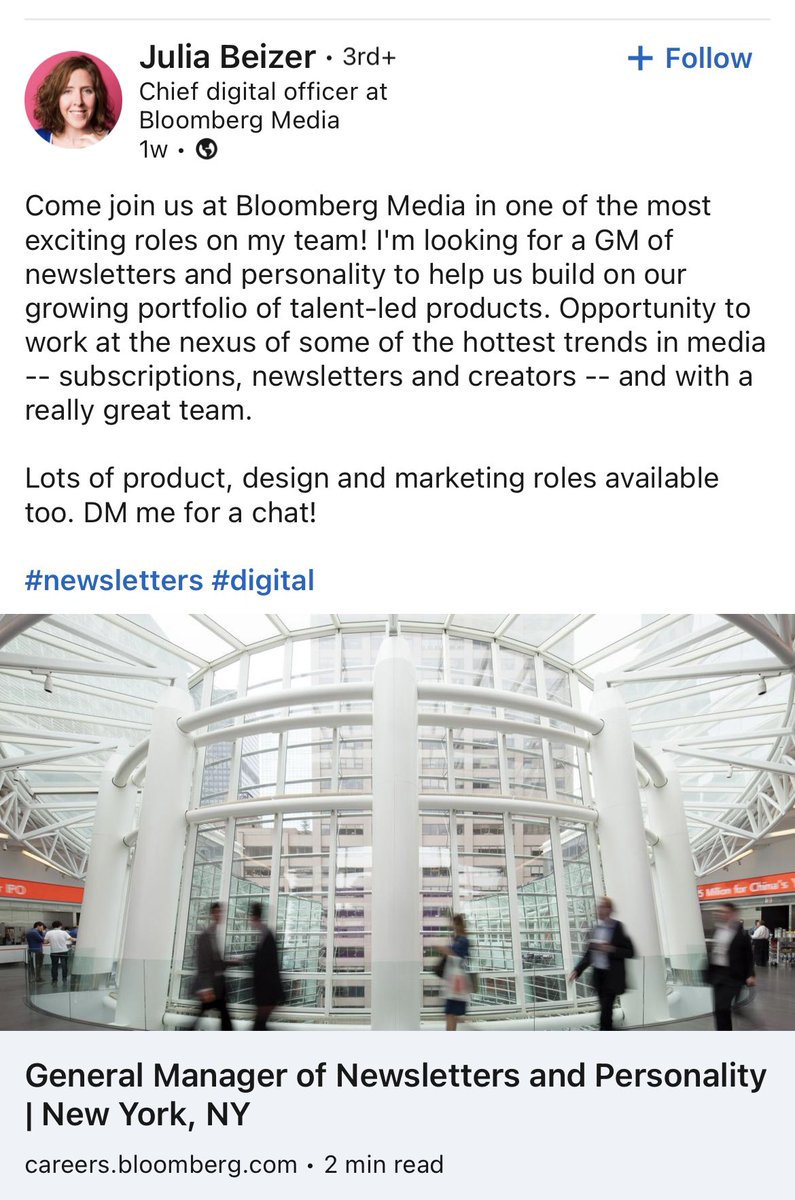 brettdash_'s tweet photo. Bloomberg has entered the [creator economy] chat. 

Now hiring for a GM of newsletters and looking to beef up personalities. 

B2B content is a force to be reckoned with. https://t.co/zGWu7mCwGs