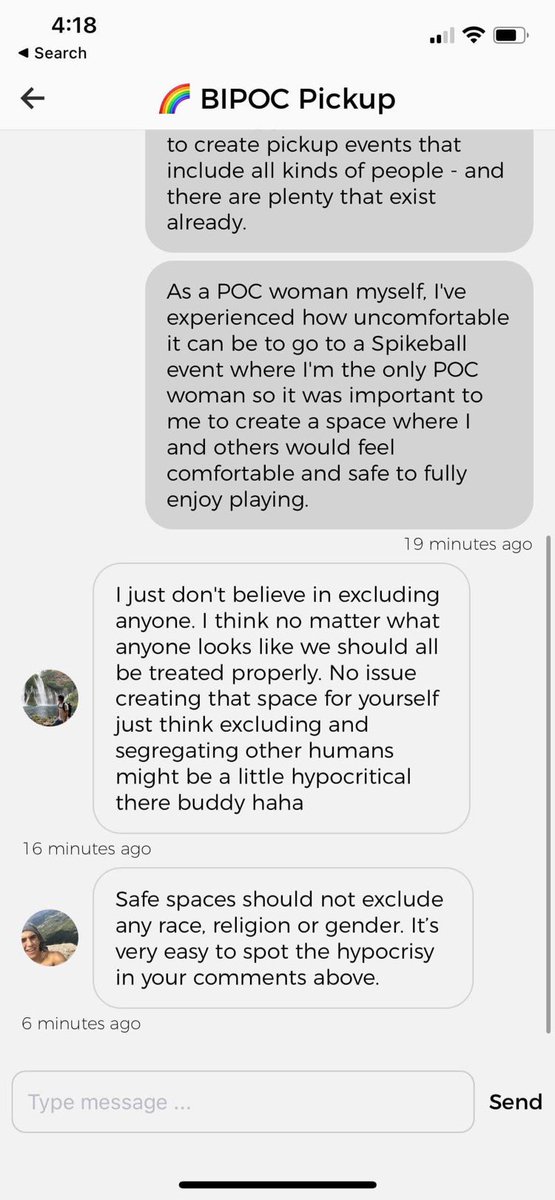 ashding2's tweet photo. Seeing my WOC friend try to host a game for BIPOC folks on @Spikeball and getting white men telling her she should be ashamed of herself for being racist... reminds me of exactly why there’s a desperate need for safe spaces: https://t.co/H8kOgFrOVB (@kblackwell) (1/2) https://t.co/L2sYyGBTUe