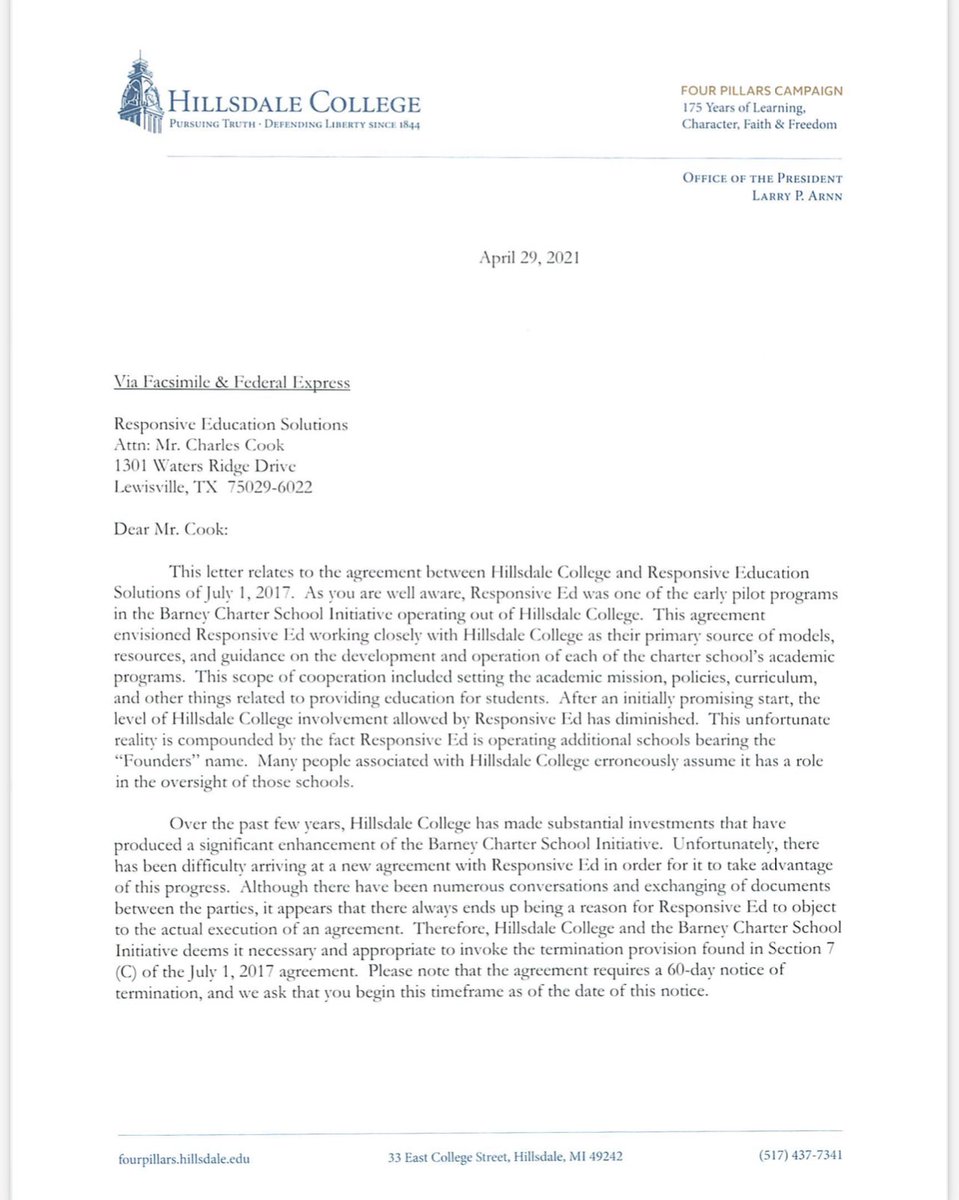 PhilNvestigates's tweet photo. For those curious about the Founders Classical Academy applications in Williamson and Summer counties, charter school operator #ResponsiveEd provided me with documentation today that their divorce from @Hillsdale is real. https://t.co/HWKQXD6TBi